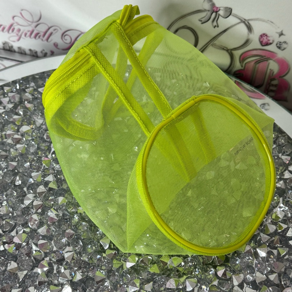Deva curl bag mini Lime Green Mesh Tote Bag beach travel pouch zip up round - Picture 2 of 4